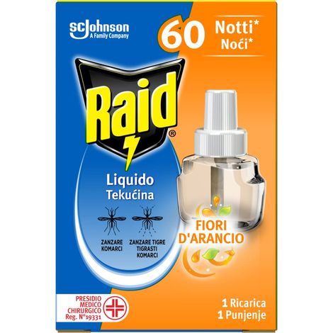 Raid Liquido Elettrico Antizanzare Comuni e Tigre, Ricarica, Fragranza Fiori d'Arancio, 1 Confezione da 1 Ricarica da 36ml, 60 Notti (1/5)