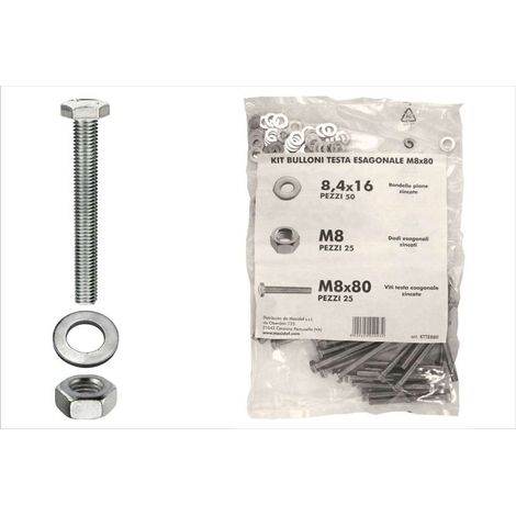Kit viti testa esagonale M8 x 80 + dadi + rondelle - 100 pz.