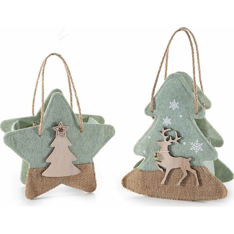 Borsetta in panno ad albero e a stella con decori in legno / juta e manici in corda, set da 6 pezzi, Albero: cm 16x7,5x18,5 H