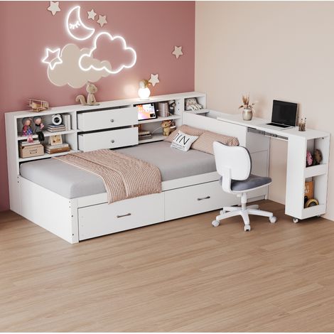 Cama individual minimalista 90x200 cm de madera blanca con cabecero multifunción, 2 cajones, escritorio extraíble y USB (1/5)