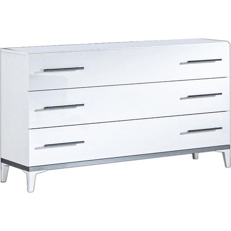 Commode design 3 grands tiroirs bois blanc laqué et et métal argenté Diamanto 120cm (1/2)
