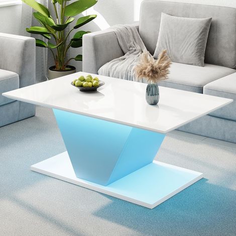 LED-Couchtisch – Moderner Couchtisch mit V-förmigem Design und LED-Beleuchtung – 100 × 50 × 46 cm – Weiß lackiert