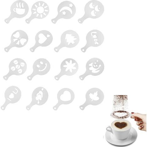 Moule à Café en Plastique,Pochoirs de Décoration de Café,D'impression de Forme de Cappuccino D'art de Latte Réutilisables,Gabarits Décoratifs pour la Garniture,Pochoir Art Latte Set 16 Pcs (1/5)