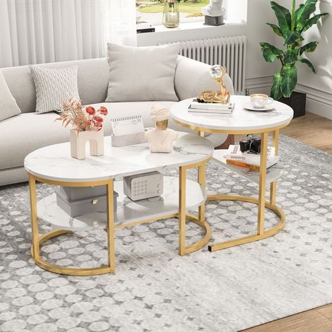Couchtisch, Wohnzimmer Tisch 2 Ebenen aus Marmor, Metallbeine, Skandinavischer Stil, Aufbewahrungstruhe und Regal, Set von 2, 80x46x41 cm