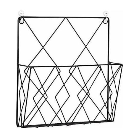 Wall-mounted metal magazine rack with 2 hooks, basket for magazines/books/documents, modern black design