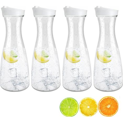 4 carafes eau plastique coniques 1,5L, couvercles, transparence, boissons froides/jus. (1/5)