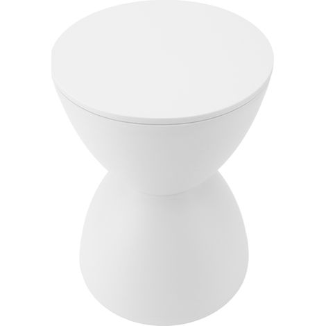 Runder, weißer, sanduhrförmiger Kunststoffhocker im modernen und minimalistischen nordischen Stil, ideal für Badezimmer oder Umkleidekabine. (1/5)