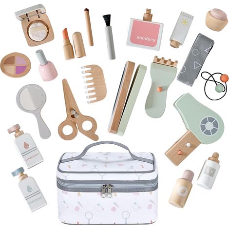 Children's Wooden Makeup, Role Play Hairdresser Kit Beauty Wood False Make-Up Toy Box Hairdressing Accessories Girls with Toiletry Bag Gift 3 4 5 6 Years Old (1/5)