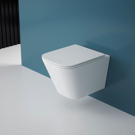 Durovin Bathrooms Ceramic Rimless Wall Hung Square Toilet - Include WC Pan with Quick Release Soft Close Seat (1/5)