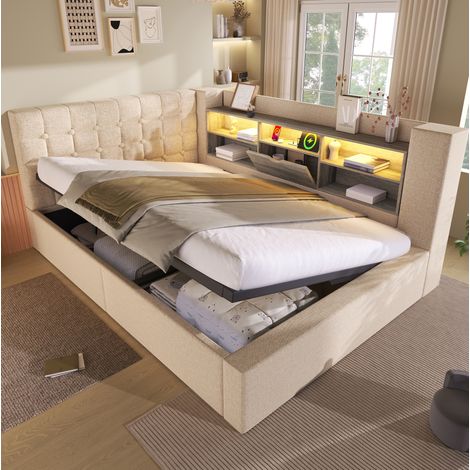 Letto imbottito moderno 140x200 cm in lino beige, con testiera a L reversibile, LED, porte USB e vano contenitore idraulico (1/5)