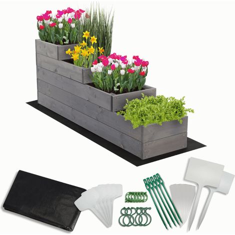 MODO24 Carré potager surélevé en bois, 4 niveaux en cascade, 45x30x120 cm, jardin/terrasse, kit jardinier inclus, gris imprégné