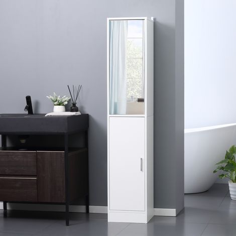 Armoire de salle de bain haute, colonne de rangement avec miroir, 2 portes et étagères réglables, multifonctionnelle, 32 x 28 x 162 cm, blanche