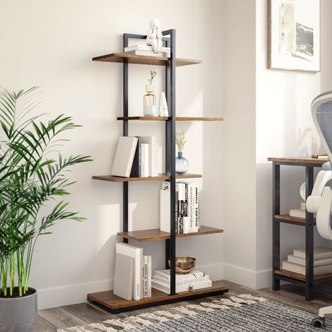 Meerveil Bookshelf, 5-Tier Floor Standing Bookcase, Asymmetrical Staggered Display Shelf,Home Office, 74 x 28 x 144.5 cm, Rustic Brown (1/5)