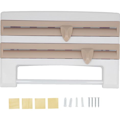 Lot porte-film alimentaire et essuie-tout, support de rangement avec coupe-film intégré, distributeur pratique pour cuisine, couleur kaki. (1/5)
