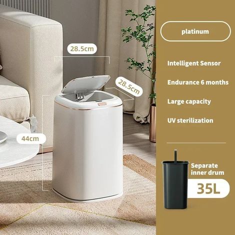 Poubelle de cuisine intelligente (35 L, blanche) avec capteur, étanche, idéale pour la salle de bain et le salon, avec couvercle. (1/3)