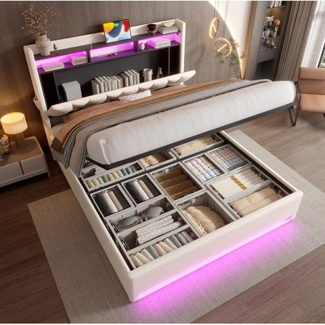 Bett Bettgestell Stauraum 140x200 Samt Beige OKMYHOME (1/5)