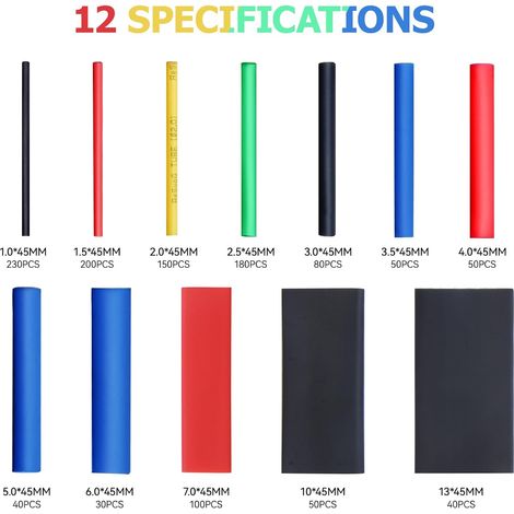Preciva 1200 Pièces Gaines Thermorétractables, Isolation Electrique Tube de Câble D'enveloppe Thermorétractable, Ratio de Contraction 2:1, 5 Couleurs, 12 Tailles