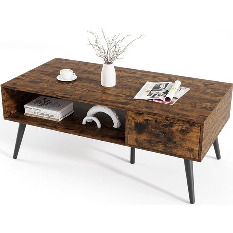 COSTWAY Table Basse avec Rangement, Table de Salon avec 1 Tiroir, Compartiment Large, 4 Pieds en Métal pour Salon (Marron Rustique) (1/5)