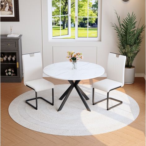 Juego de comedor redondo, mesa de MDF efecto mármol blanco, estructura metálica negra, sillas de PU blancas (1/5)