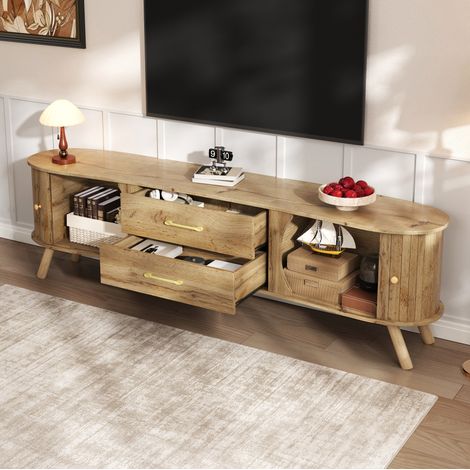 Meuble TV 160 cm rainuré, 2 portes coulissantes et 2 tiroirs, MDF grain de bois foncé (1/5)