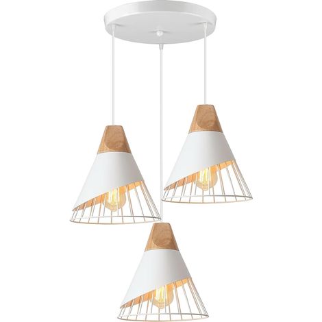 Suspension Luminaire Moderne Industrielle Bois Lustre Abat-jour Métal Vintage forme Cage Ø25cm Plafonnier E27 Design pour Cuisine Chambre Salon (3 lampes - Blanc - base) [Classe énergétique A]