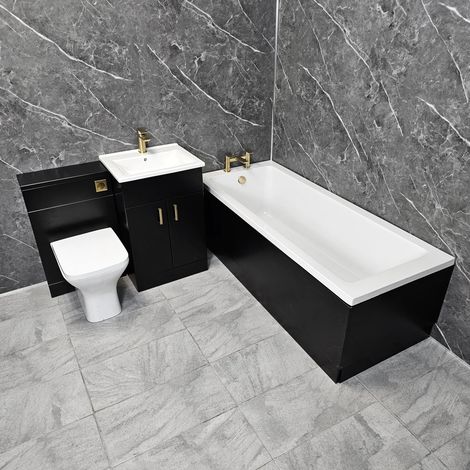 Complete Bathroom Suite Black Tess Vanity Set with Bath Brass Handles & Taps, With End Panel