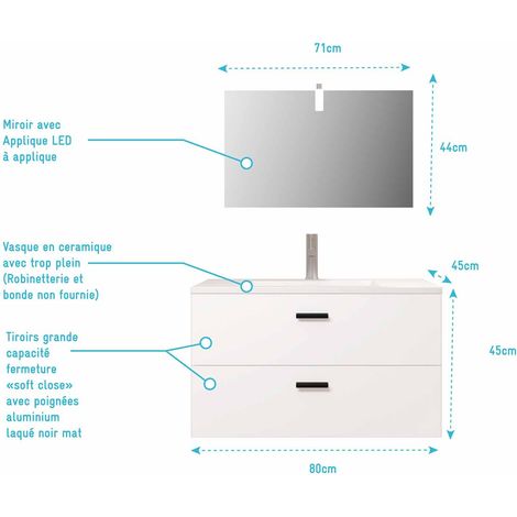 meuble salle de bains 80 cm 2 tiroirs blanc avec vasque blanche, miroir et applique led - box led — vue 4