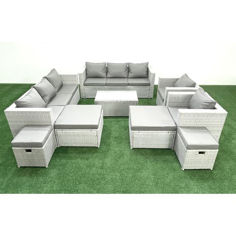 Fimous 9 Pieces Rattan Garden Furniture Set Outdoor Garden Sofa Chair Coffee Table Set with 4 Footstools Light Grey Mixed (1/5)