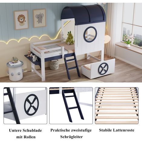 Lit superposé mi-hauteur enfant avec toit et fenêtre, tiroir coulissant intégré, échelle inclinée pratique, pin + MDF + contreplaqué, blanc et bleu marine, 90x200 cm (1/5)