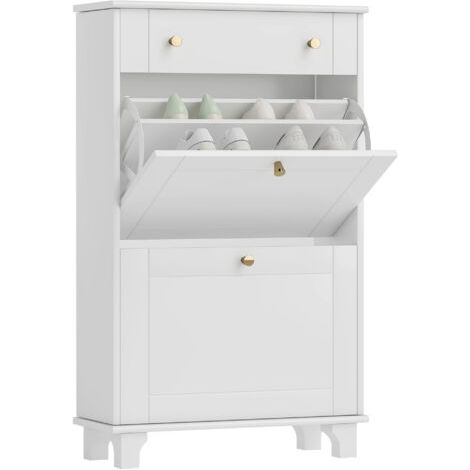 royaluxe -Meuble chaussure entrée étroit avec tiroirs à portes abattants et étagère réglable. 60 x 23.5 x 98.5 cm. blanc (1/5)