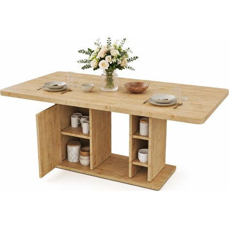 ELVMI Mesa de Comedor Extensible para 6 a 8 Personas con Almacenamiento, Tablero de 3 cm, MDF, Roble (1/5)