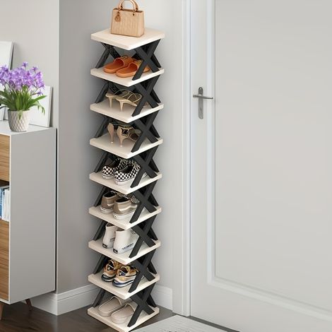 Étagère à Chaussures d'Angle – Haute, Étroite, Plastique Robuste. 9 Niveaux, 9 Paires. Modèle (Noir/Blanc  9 Niveaux). (1/5)