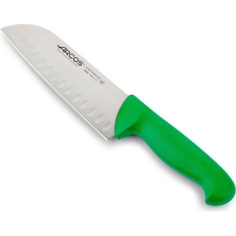 Coltello Santoku Arcos 2900- Prof 290621 con alveoli in acciaio inox Nitrum e mango ergonomico Polipropilene colore verde e lama 18 cm, coperchio espositore