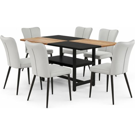 Esstisch-Set 160 cm mit Ablage, 6 hellgraue PU-Stühle, Metallbeine MODENUIT (1/5)