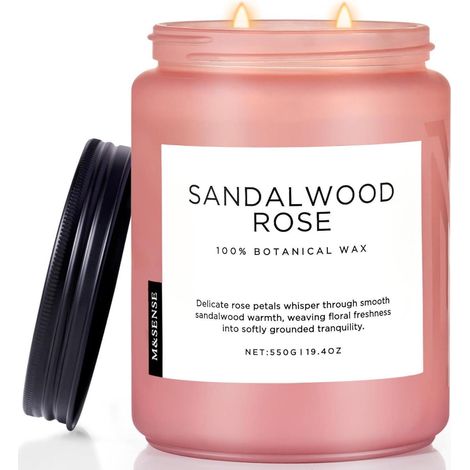 Bougie parfumée bois de santal rose 550g 110h 2 mèches cire soja naturelle longue durée (1/5)