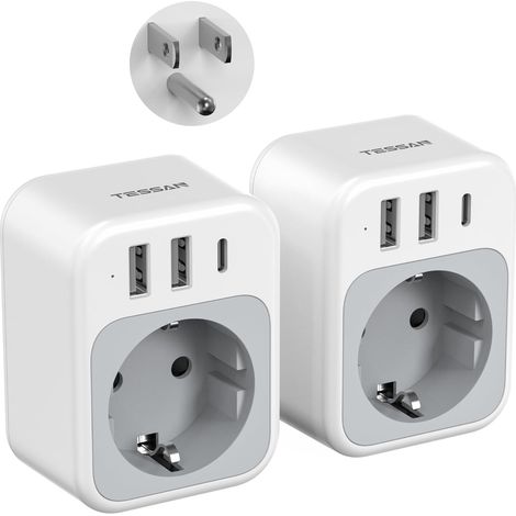 Lot de 2 Adaptateur Prise USA, 4 en 1 Adaptateur Canada avec USB C Adaptateur Prise Canada avec 3 USB, Adapter France vers USA 1875W, Type B Pour Thaïlande Canada Mexique Thailande Colombie (1/5)