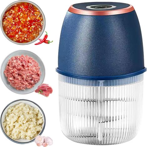 Hachoir électrique de cuisine, 350 ml, hachoir à oignons électrique, portable, mini hachoir à oignons avec port USB pour oignons, fruits, noix, viande, ail (bleu foncé) (1/5)