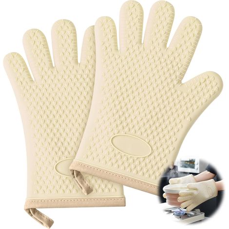 Lot de 2 gants de cuisine résistants à la chaleur avec doublure en coton et silicone épais pour avec imperméables et anti-soie, gants à cinq doigts pour la cuisson, le barbecue, le micro-ondes (1/5)