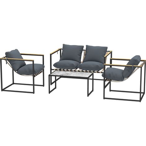 Stahl Gartenmöbel Set 4 Personen wetterfest Balkonmöbel-Set mit 2er Sofa 2 Sessel, Sitzkissen, Beistelltisch, Outdoor Sitzgruppe Terrassenmöbel Gartengarnitur für Garten Terrasse Balkon Grau Aosom