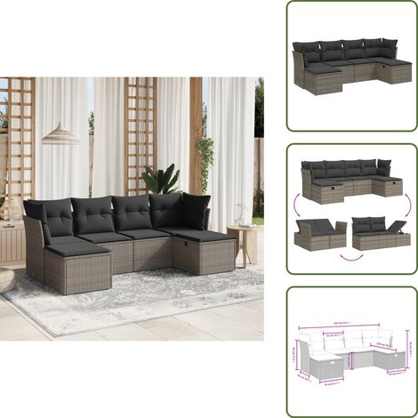 The Living Store Salon de jardin 6 pcs avec coussins gris résine tressée - Ensemble Salon De Jardin - Salon De Jardin Extérieur - Mobilier De Jardin - Canapé Jardin - Chaise Lounge