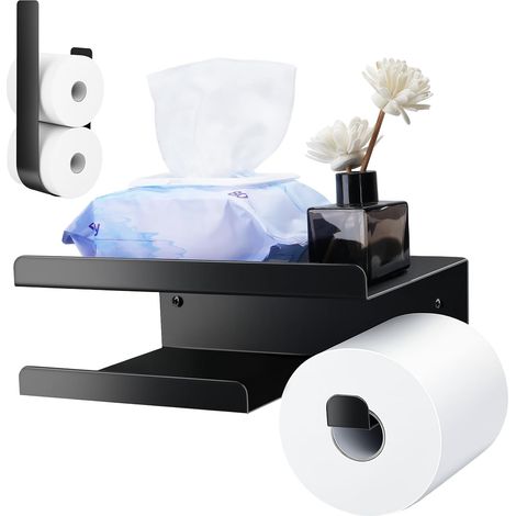 Lot de 2 - Porte Papier Toilette - Étagère Salle De Bain - Acier Inoxydable Noir Sans Perçage Avec Crochet Pour WC Et Douche 23x16cm
