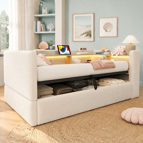 Divano letto 90 x 190 cm con contenitore idraulico, LED, prese e vani, beige HAVRYA (1/5)