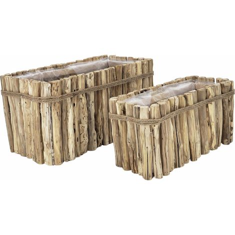 jardinière en bois naturel avec corde intérieur plastique - bois naturel châtaignier et corde (1/3)