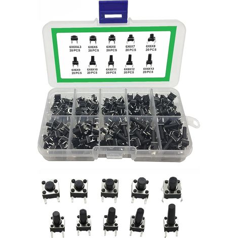 Interrupteur à Bouton Poussoir Tactile, Kit Assortiment D'Interrupteurs Tact, Bouton Poussoir Momentanés à 4 Broches, Interrupteur à Bouton Poussoir Micro Momentary, Pour Circuits Imprimés, 200 Pack (1/5)