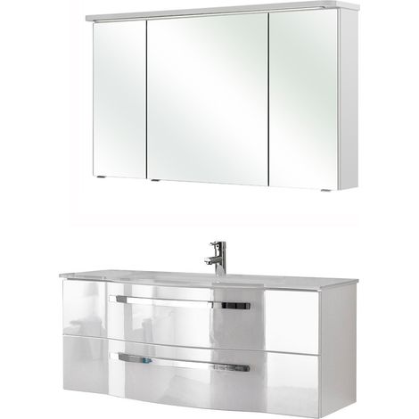 Badezimmer 120cm Waschplatz FES-4005-66 gerundete front in Hochglanz lackiert Polarweiß mit Spiegelschrank - B/H/T: 122/200/49,1cm (1/5)