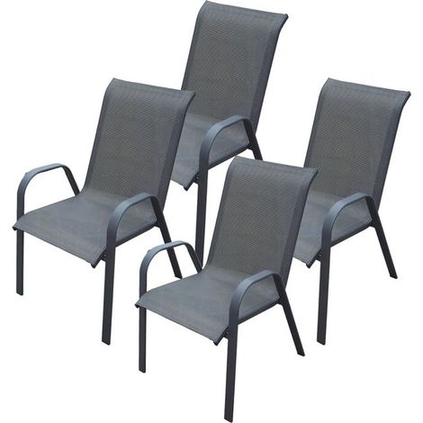 Fauteuils d'extérieur - JUANIO - Lot de 4 - Empilables - Métal & textilène - Noir - 54x72x90 cm (1/4)