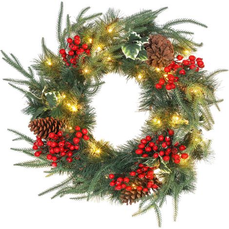 Couronne de Noël lumineuse de 60 cm, 35 LED, minuterie, 170 pointes, pommes de pin, baies, feuilles de houx, verte (1/5)