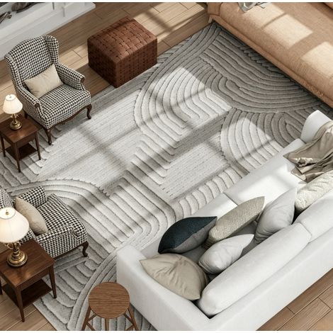 Tapis 160/120 cm gris en polyester, motif géométrique en relief (1/5)