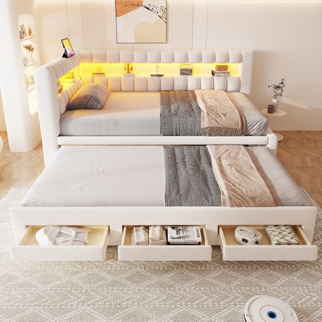 Lit banquette convertible 90x190 cm,en velours,couchage gigogne,éclairage LED,ports USB et Type-C,beige,lit 1 place,lit avec rangement intégré (1/5)