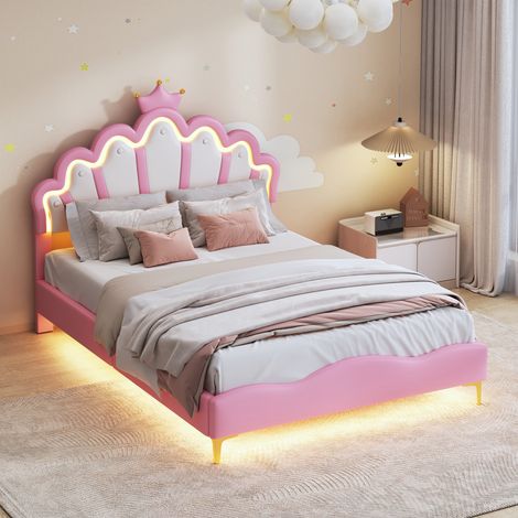 Lit Enfant 140x200 cm, Lit Adolescente Fille en Forme de Couronne, LED Lits Princesse avec Tête de Lits Réglabe, Cadre Lits 1 Place en Nuages, Rose PU, sans Matelas (1/5)
